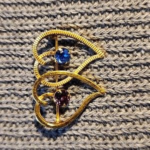 Van Dell Purple & Blue Stone Gold Tone Double Heart Brooch